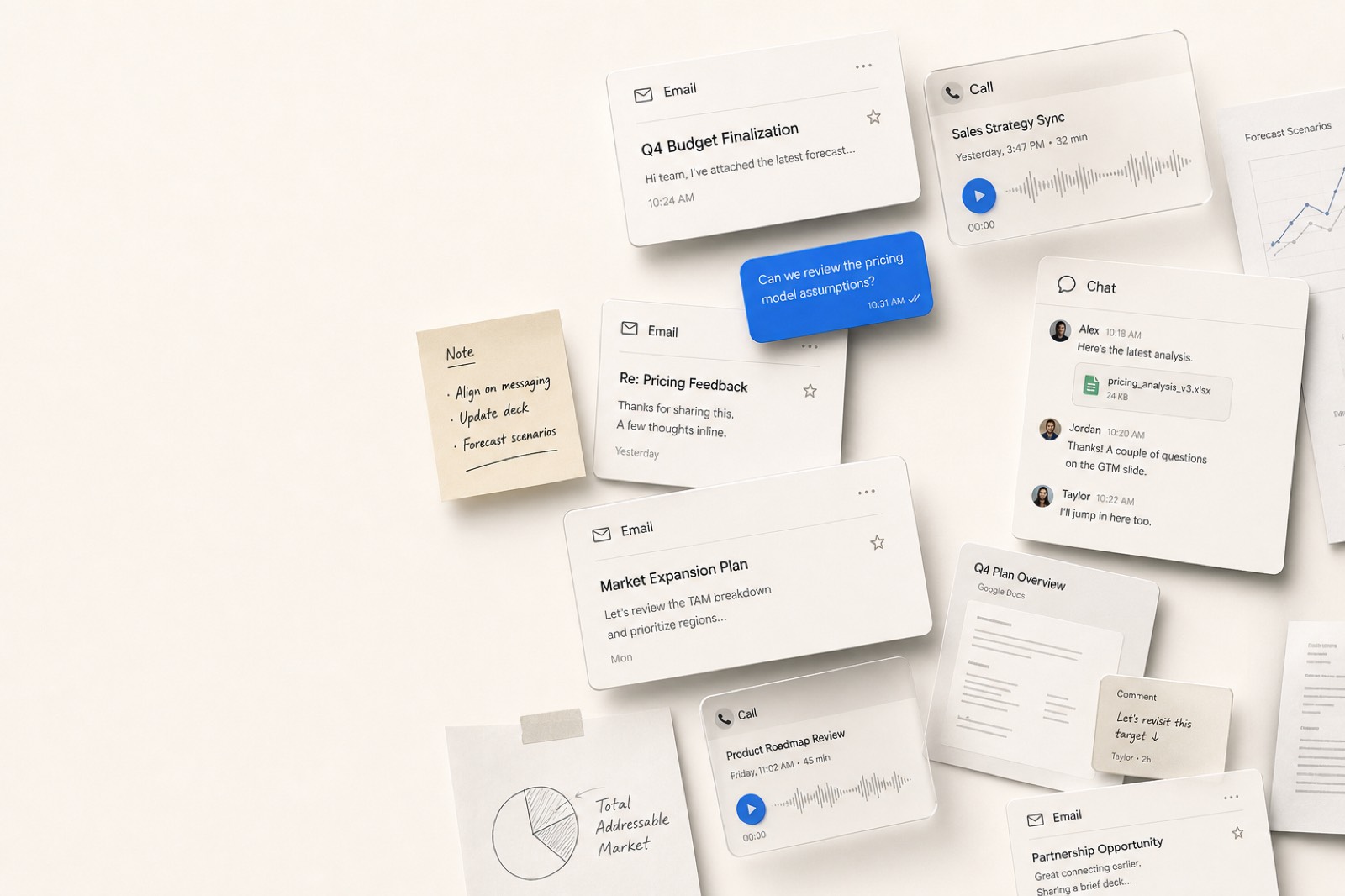Business conversations fragmenting across email, chat, calls, and notes